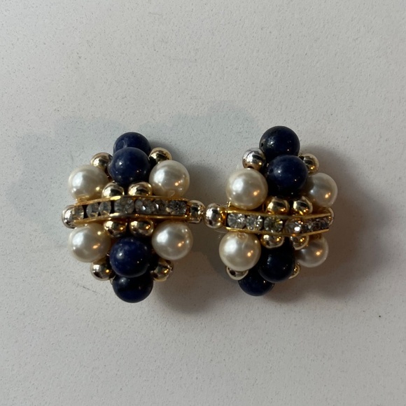 Vintage Faux Pearl Lapis and Rhinestone Cluster Clip Earrings - Picture 2 of 4